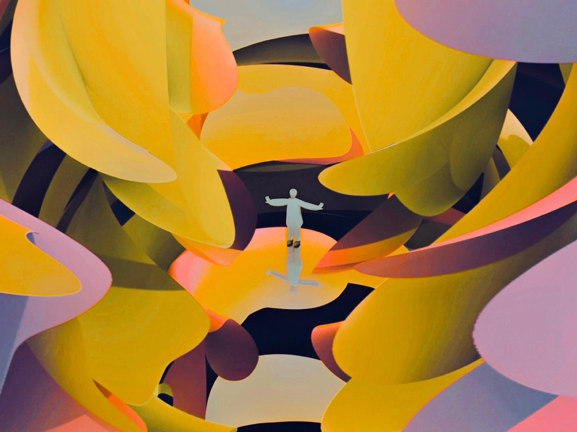 Atsushigraphのデジタルアート「Buffer」。こちらはすぐ上の作品画像を拡大したものです。中央に小さく描かれた人にフォーカスしています。