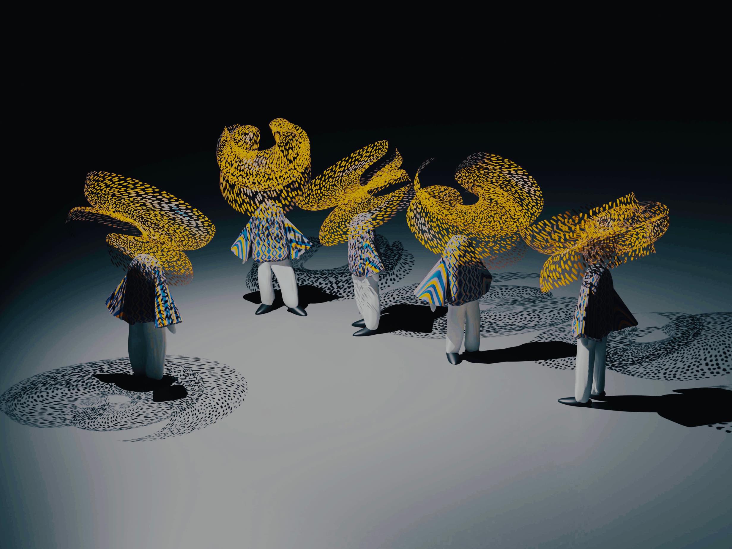 Atsushigraphのグラフィックアート「friendship」。真っ暗な空間に顔のない人々が5人立っています。彼らは顔の代わりに無数のドットを浮かべて、互いの隠れた想いを読み解こうとしています。