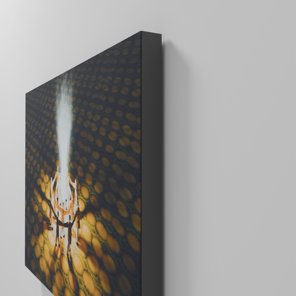 Atsushigraphの木製パネルジークレー版画 Campfireの側面の質感を捉えたモックアップ画像です。