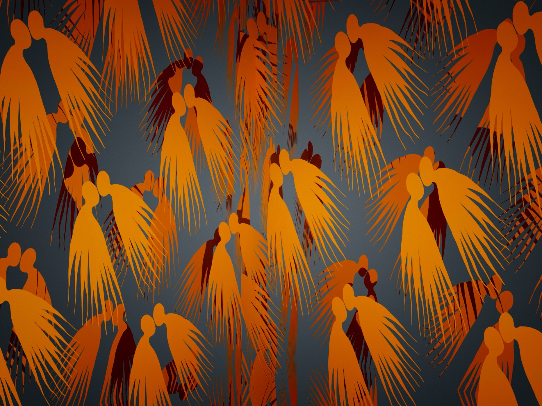 Atsushigraphのグラフィックアート「Harvest of Love」の画像です。顔と顔を近づけたような二人組のシルエットが、抽象化されて縦横に連なる描写がなされています。二人のシルエットは腰のあたりからいくつもの線となって分かれ、だんだん細くなるように伸びています。風に揺らぐようなそれらの線は、稲穂が垂れているような表情を作り出しています。2024年作。