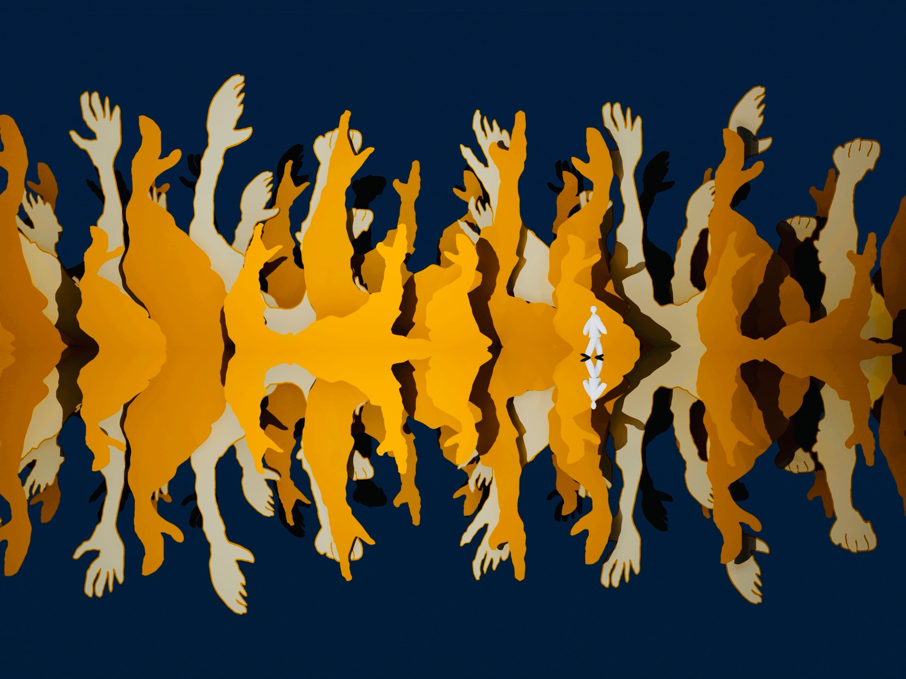 Atsushigraphのデジタルアート「Horizon」。黄色やベージュ、黒で描かれた大きな手が、水平線を境に空と地上へ伸びていくようなグラフィックです。2024年作。3DCGとデジタルペイントで描き、コラージュしました。