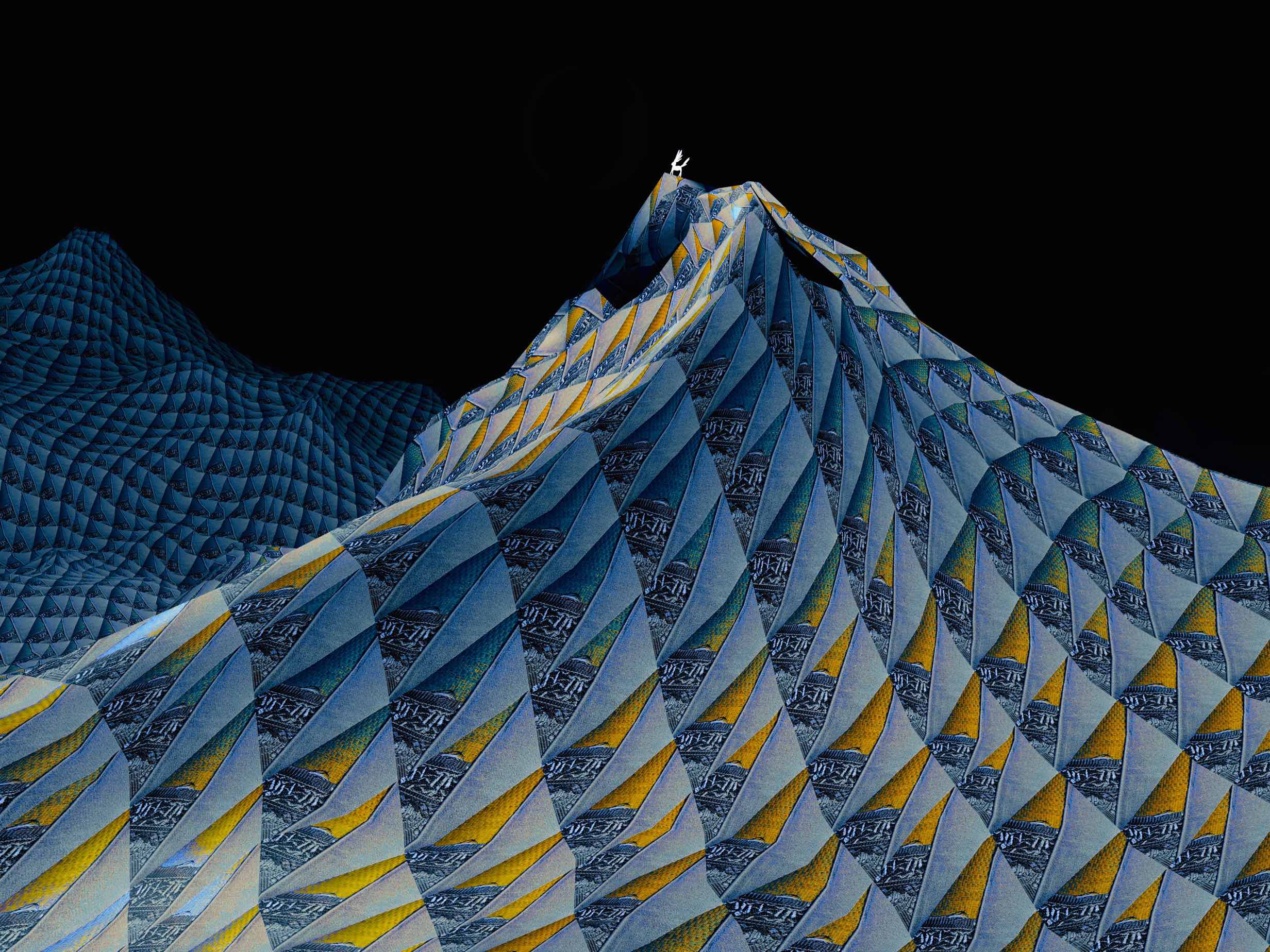 Atsushigraphのグラフィックアート「Nokto」。真っ暗な夜を背景に浮かび上がる山並みを描いています。写真をもとにコラージュした幾何学模様の山肌を特徴とします。